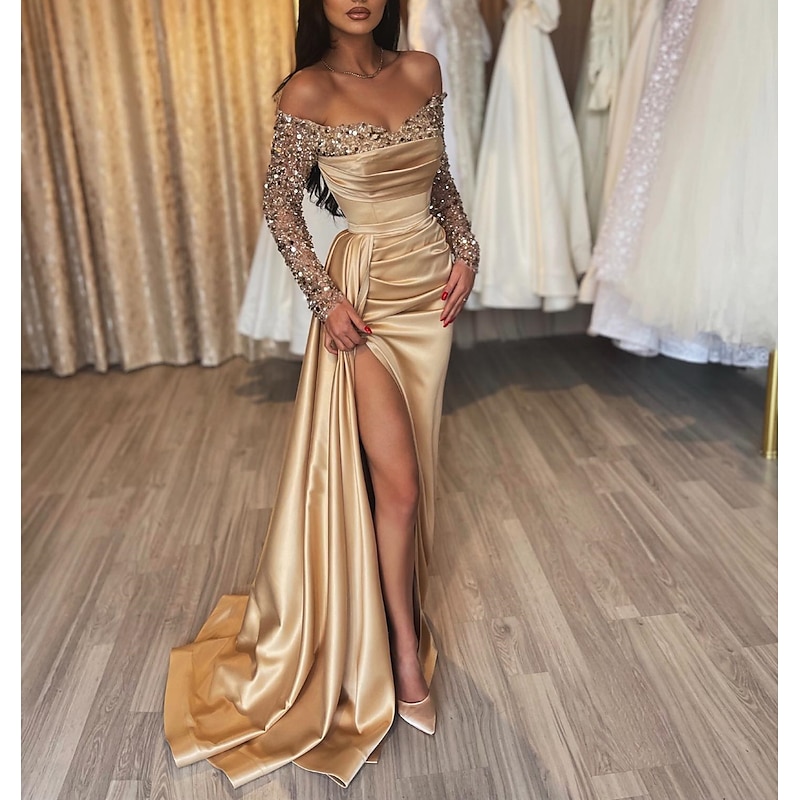 Mermaid Evening Gown Sequin Dress Formal Wedding Guest Court Train Long Sleeve Off Shoulder Fall Wedding Reception Satin with Ruched Slit Masquerade Dress