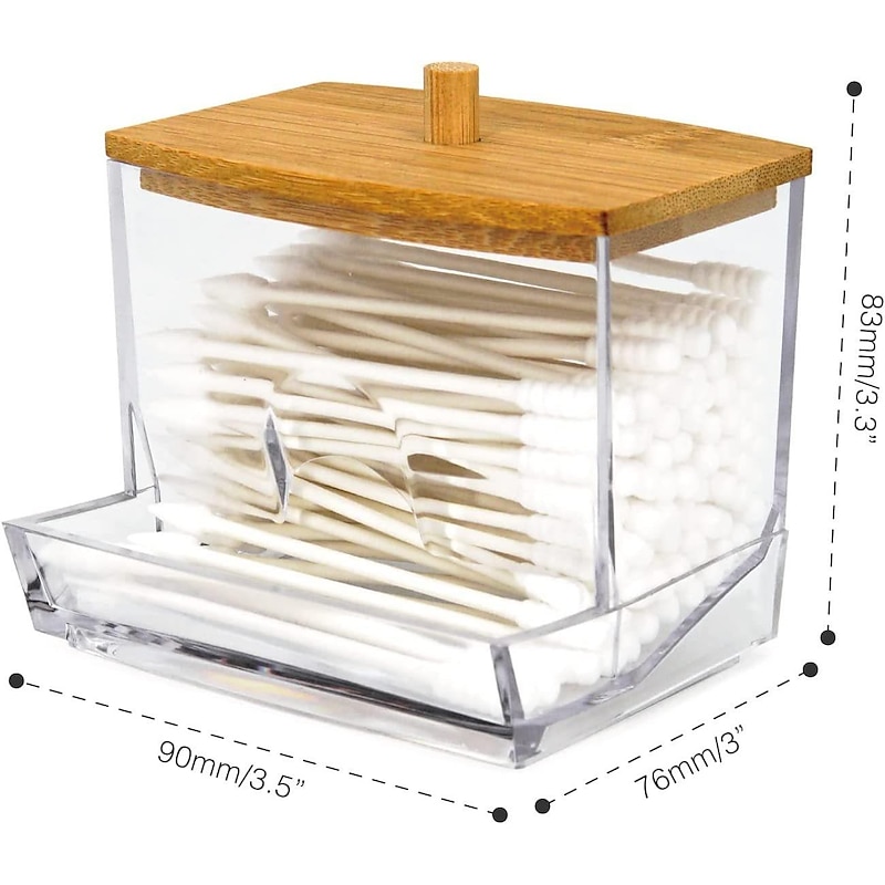 Cotton Swab Pads Holder, Qtip Cotton Buds Ball Dispenser, Bathroom Containers Apothecary Jar For Storage With Wood Lids3
