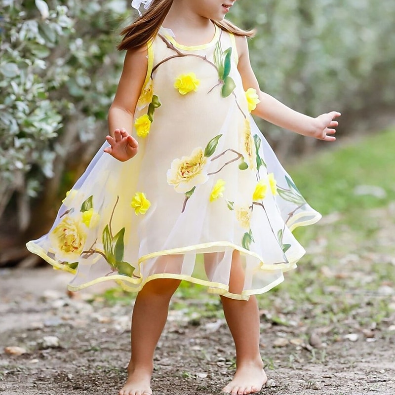 Kids Girls' Dress Flower Sleeveless Casual Active Daily Cotton Above Knee Casual Dress Floral Dress Summer Spring 4-12 Years Yellow Pink Purple3