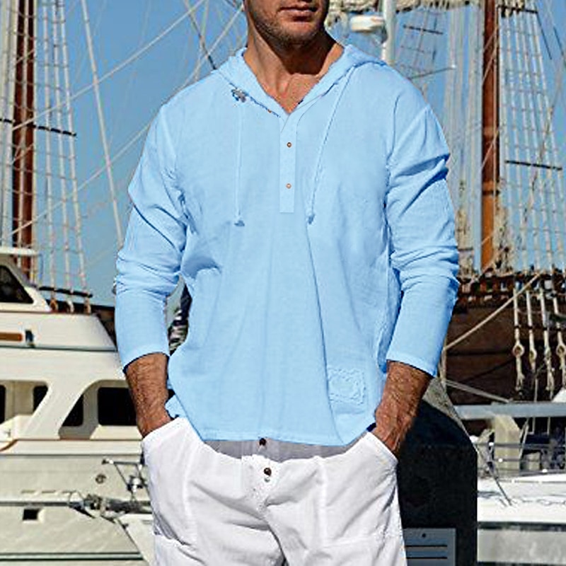 Men's Shirt Cotton Linen Shirt White Cotton Shirt Summer Shirt Casual Shirt Beach Shirt Plain Casual Daily White Blue Green Long Sleeve Hooded Spring & Summer Clothing Apparel Front Pocket3