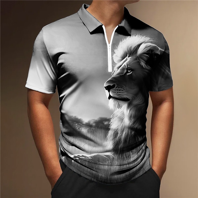 Men's Lion Zip Polo Shirts Golf Shirt Short Sleeve Polo Shirts Collared Shirts Casual Funny Streetwear Vacation Wear Party Outfits 3D Print Quarter Zip Polo Gold Gray2