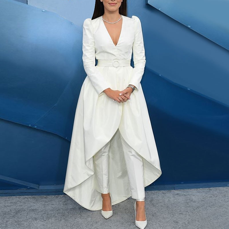 Two Piece Pantsuit Evening Gown Elegant  Tuxedo  Wedding Guest Engagement Floor Length Long Sleeve V Neck Fall Wedding Guest Satin with Sash / Ribbon Overskirt Appliques free custom size - Main Image