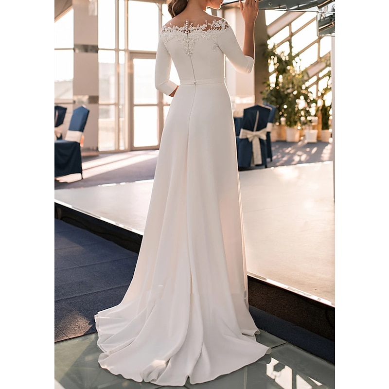 Engagement Formal Wedding Dresses A-Line Off Shoulder 3/4 Length Sleeve Sweep / Brush Train Lace Bridal Gowns With Appliques Solid Color2
