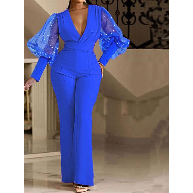 Women's Normal Jumpsuit Elegant Solid Color Long Sleeve V Neck High Waist Wedding Party Regular Fit Blue Fuchsia Green Spring3