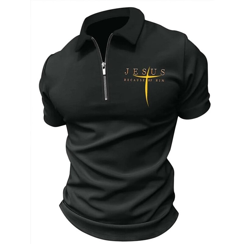 Men's Christian Zip Polo Shirts Golf Shirt Short Sleeve Polo Shirts Collared Shirts Vintage Casual Vacation Wear Festival Wear Party Outfits 3D Print Quarter Zip Polo Black Yellow Blue2