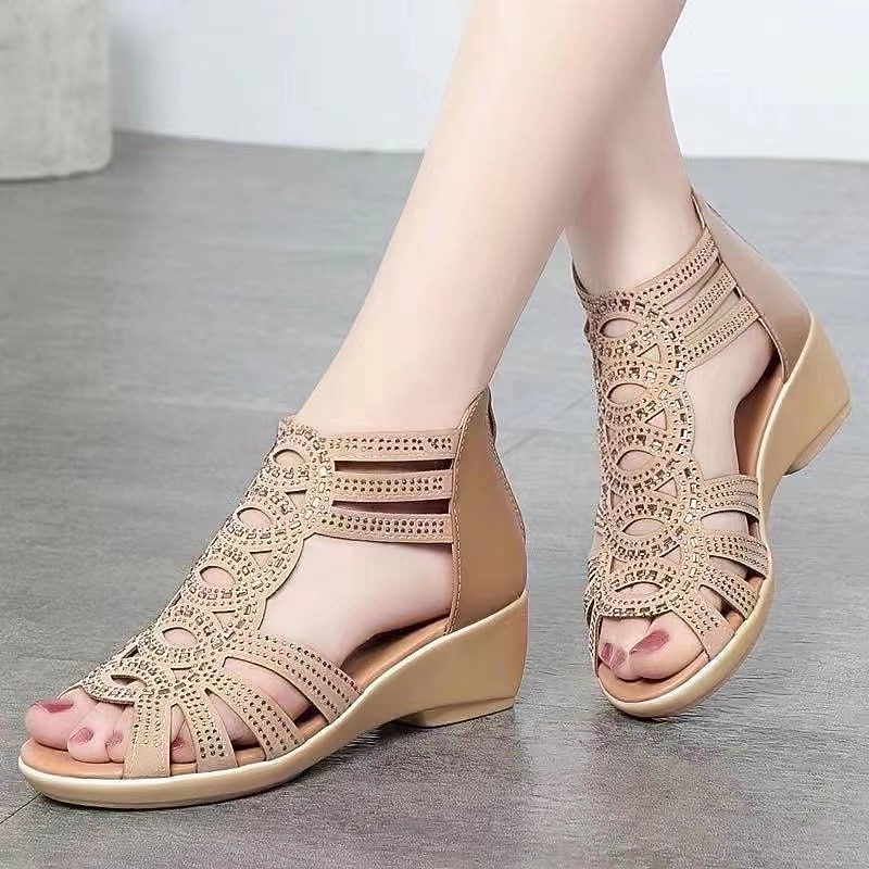 Elegant Beige Women's Cut-Out Sandals - Intricate Laser-Cut Design with Comfortable Wedge Heel, Perfect for Dressy Occasions and Summer Evenings
