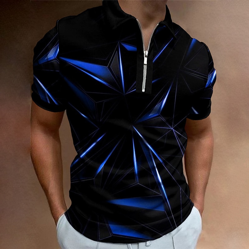 Men's Graphic Zip Polo Shirts Golf Shirt Short Sleeve Polo Shirts Collared Shirts Casual Vacation Wear Rave Wear Party Outfits 3D Print Quarter Zip Polo Red Blue Gold3