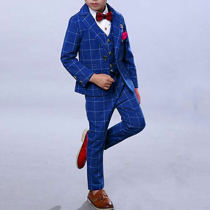 3 Pieces Ring Bearer Suit Boys Kids Suit Formal Suit Suit & Blazer Tank & Pants Formal Anniversary Cool Gentle Plaid Wine Blue Gray Cotton2
