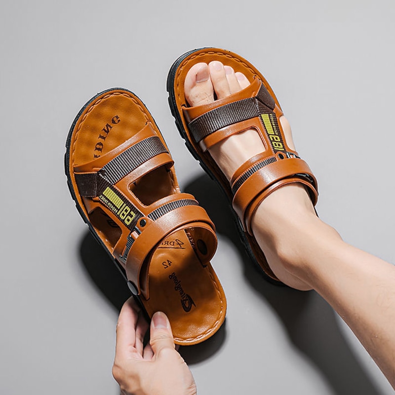 Men's Brown Faux Leather Strap Sandals with Adjustable Buckles - Comfortable Outdoor Casual Summer Footwear2