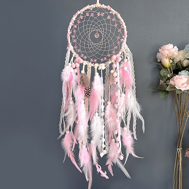 Pink Dream Catcher Handmade Gift Feather Hook Flower Wind Chime Ornament Wall Hanging Decor Art Boho Style, 67x16cm/26.3''x6.3''4