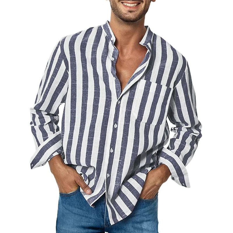 Men's Shirt Summer Shirt Casual Shirt Beach Shirt Button Up Shirt Striped Shirts Black Red Blue Green Gray Long Sleeve Striped Grandad Collar Collar Vacation Daily Print Clothing Apparel Polyester3