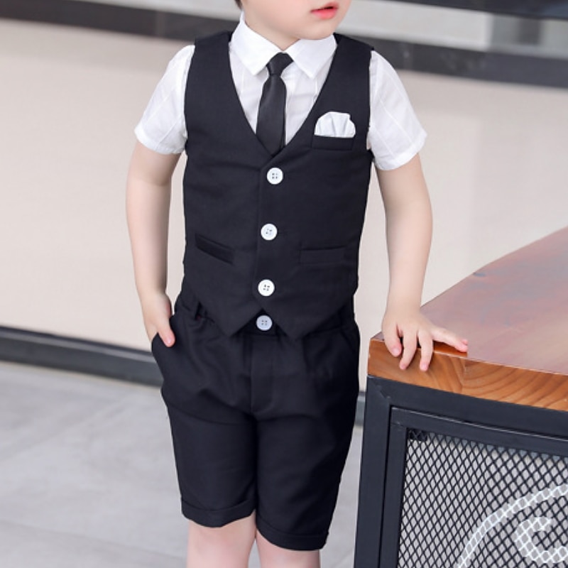3 Pieces Ring Bearer Suit Boys Kids Shirt & Shorts Casual Fashion Basic Stripe Black White Gray Cotton2