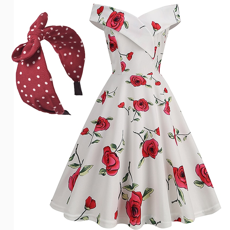 50s A-Line Dress 1950s Grease Outfits Vintage Elegant Summer Cocktail Dress Women's Off Shoulder Vintage Dress Wedding Party Knee Length A-Line Dress Masquerade3