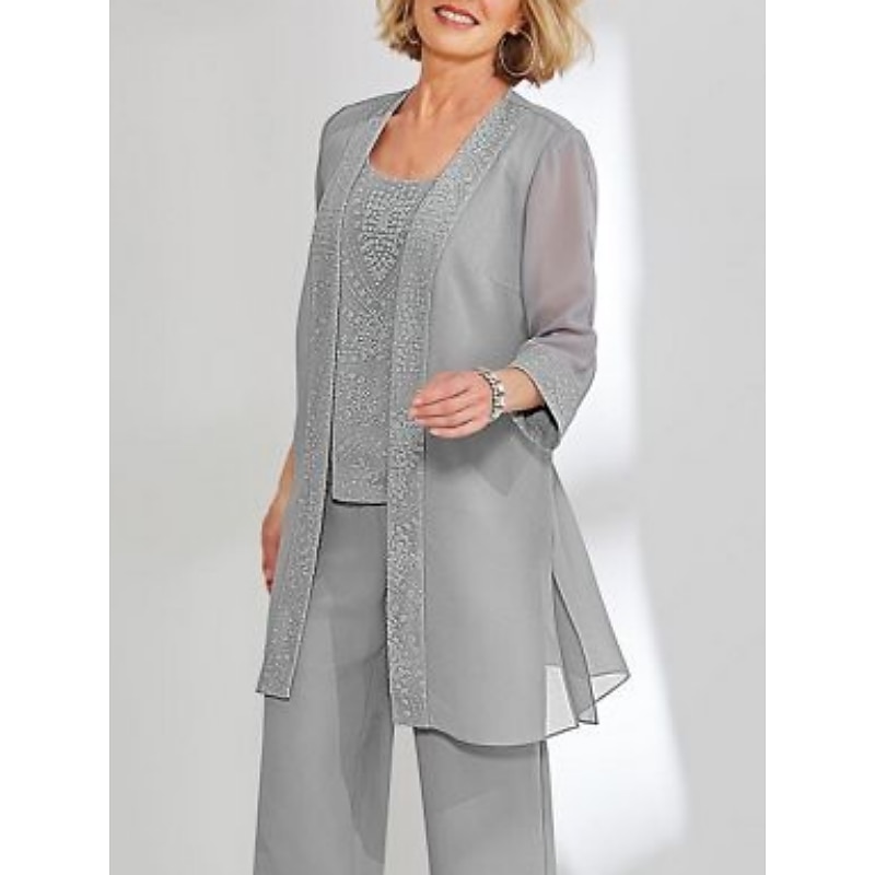 Beach Wedding 3 Piece Mother of the Bride  Wedding Guest Elegant Simple Scoop Neck Ankle Length Chiffon Lace Long Sleeve with Solid Color2