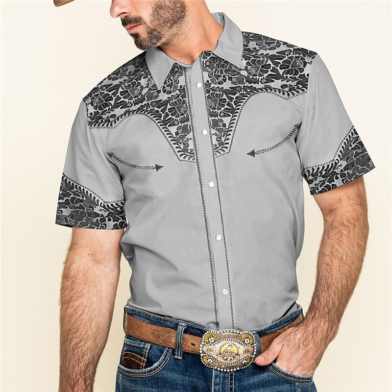 Men's Floral Graphic Prints Shirt Western Shirt Cowboy Shirt Short Sleeve Fashion Streetwear Designer Outdoor Street Daily Summer Spring Turndown Print Khaki Gray2