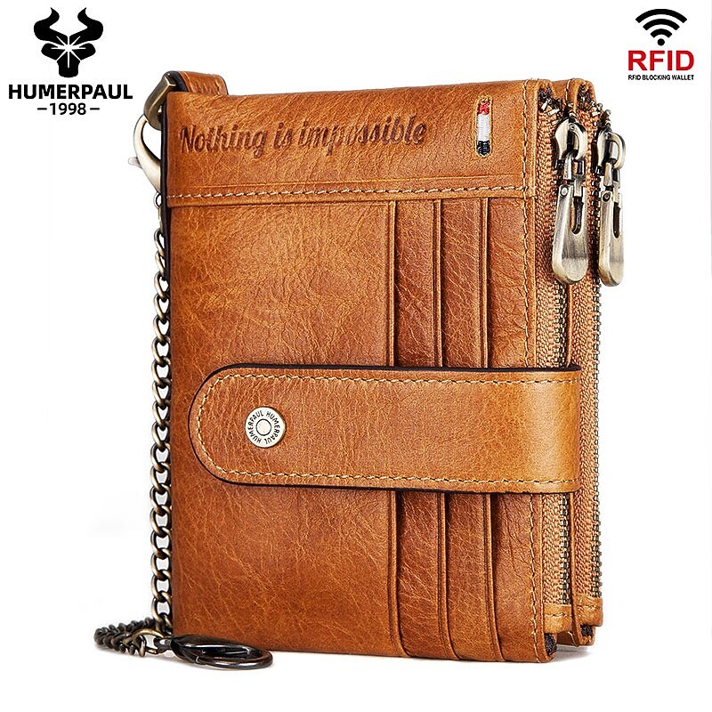HUMERPAUL Men Wallets Slim Leather Bifold Hasp Short Male Purse Coin Pouch Multi-functional Cards Wallet Chain Bag Quality