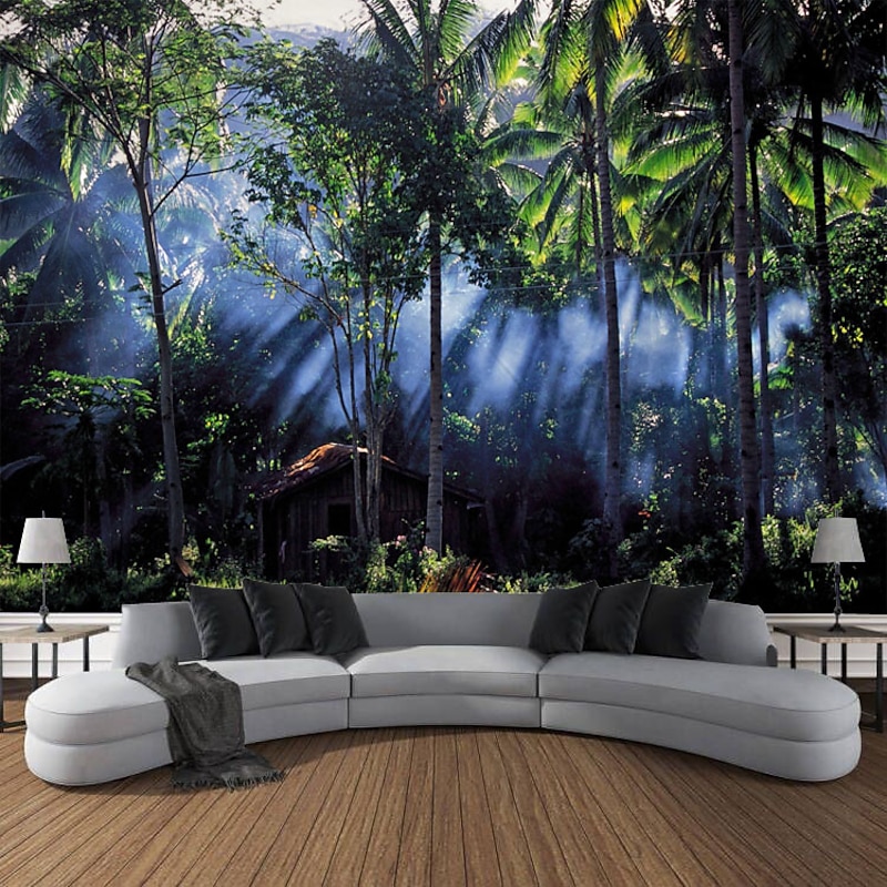 Tropical Forest Rainforest Landscape Wall Tapestry Magical Natural Green Tree Tapestry Wall Hanging Bohemian Psychedelic Tapestry Bedroom Living Room Dormitory2