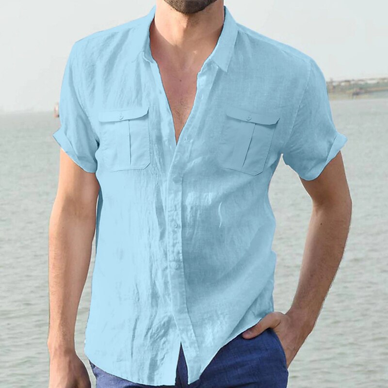 Men's Shirt Summer Shirt Beach Shirt Solid Color Vacation Work Light Blue White Green Gray Short Sleeve Collar Summer Spring Clothing Apparel4