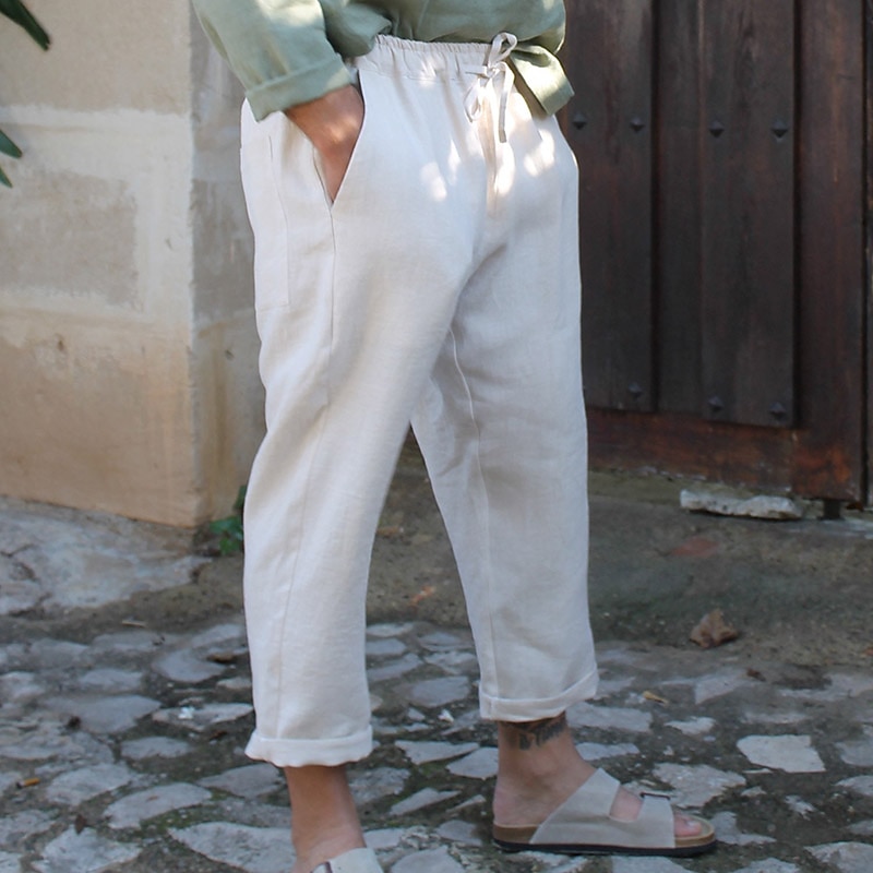 Men's Linen Pants Trousers Summer Pants Drawstring Elastic Waist Plain Comfort Breathable Casual Daily Holiday Fashion Classic Style Black White