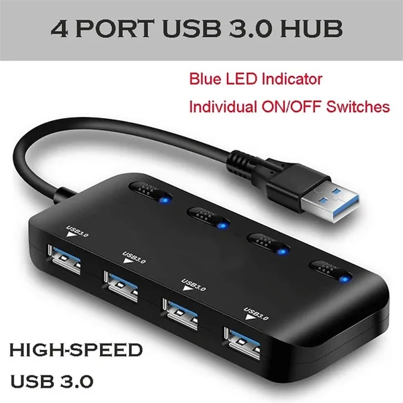 4-Port USB 3.0 Hub with Individual LED Power Switches Portable Data Hub Compatible Transfer Splitter
