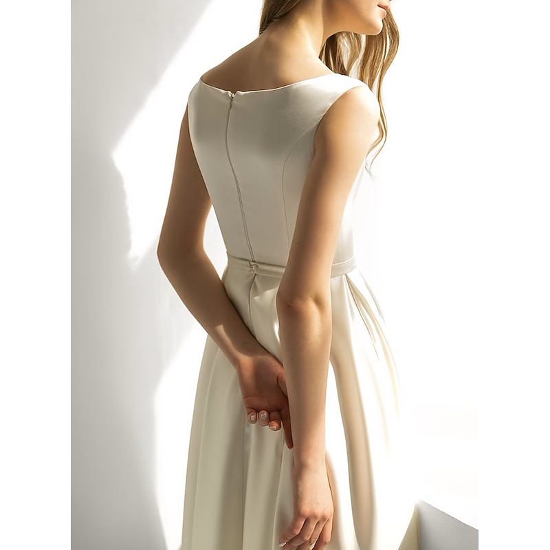 Bridal Shower Little White Dress Bridal Shower Dresses Wedding Dresses A-Line Scoop Neck Sleeveless Tea Length Satin Bridal Gowns With Solid Color2