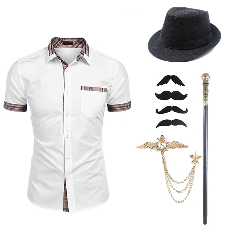 Mens 1920s Gangster Shirt with Accessories Set the Great Gatsby Retro Vintage Cosplay Costume Hat Beard Brooch Cane4
