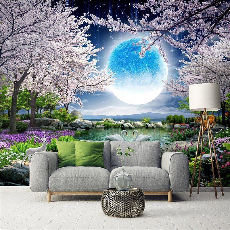 Cool Wallpapers Wall Mural Landscape 3D Mural Wallpaper Night View Cherry Blossom Wall sticker Self-adhesive PVC/Vinyl for Living Room Bedroom Restaurant Hotel Wall Cloth Room Home Decor4