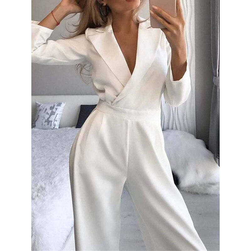 Women's Jumpsuit for Special Occasions Pocket High Waist Solid Color V Neck Streetwear Office Work Regular Fit Long Sleeve Black White Wine S M L Summer3