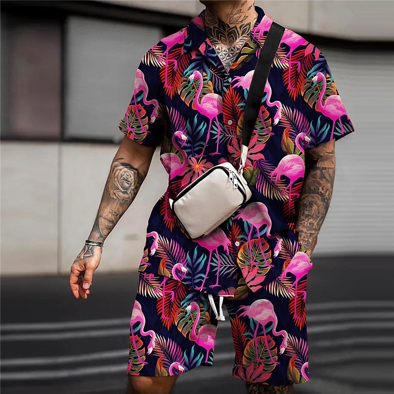 Men's Floral Flamingo Tropical 2pcs Shirts Sets Summer Hawaiian Shirt Short Sleeve Short Pants Turndown Fashion Streetwear Designer Outdoor Street Casual Print Summer Spring Black White Pink
