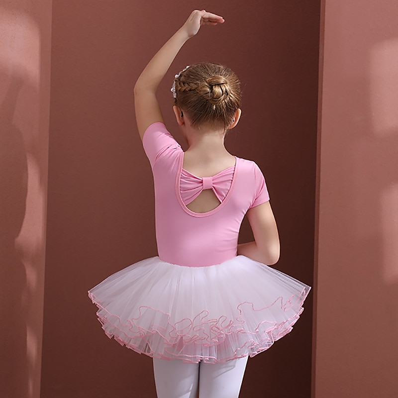 Kids' Dancewear Ballet Leotard / Onesie Bowknot Pure Color Splicing Girls' Performance Training Short Sleeve High Cotton Blend Tulle3