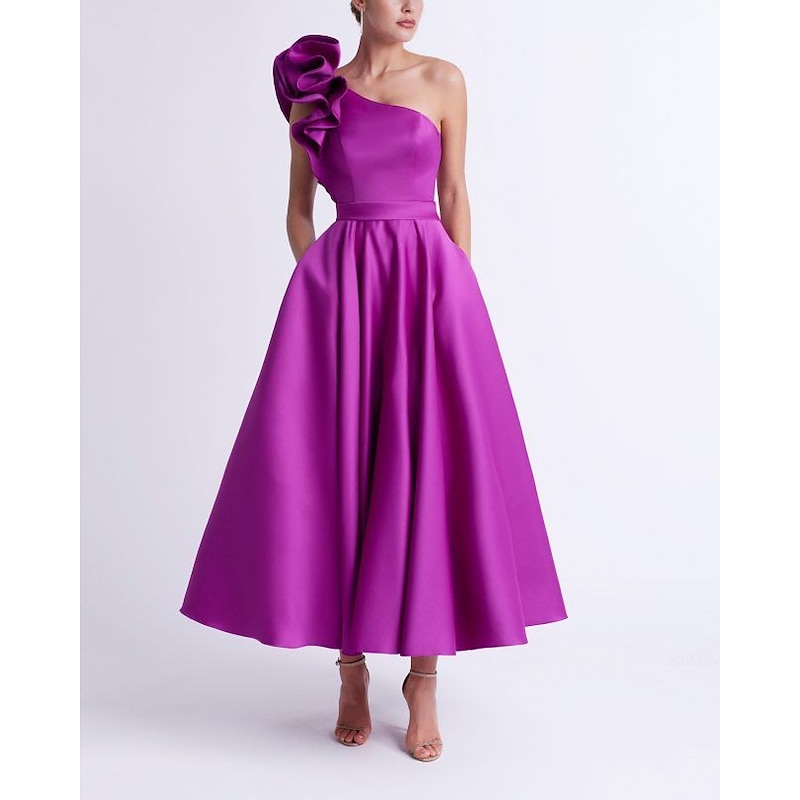 A-Line Cocktail Dresses Elegant Dress Wedding Guest Party Wear Ankle Length Sleeveless One Shoulder Pocket Satin with Ruffles Dresses