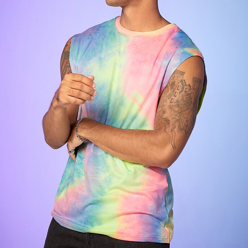 Men's Tank Top Vest Top Undershirt Sleeveless Shirt Sleeveless Crewneck Summer Tie Dyed Fashion Daily Sport Print Vacation Sports & Outdoor Going out Yellow Pink Blue Top Tee for Men4