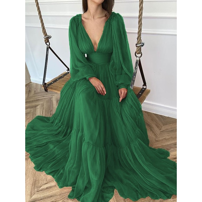 A-Line Evening Gown Elegant Dress Formal Wedding Guest Floor Length Long Sleeve V Neck Chiffon with Ruched
