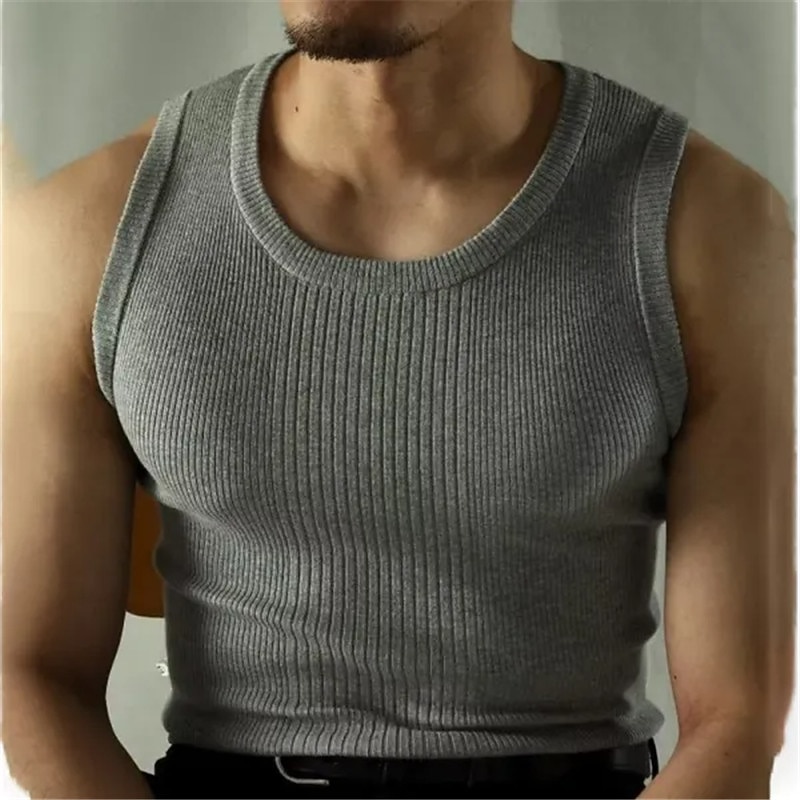 Men's Tank Top Vest Top Undershirt Sleeveless Shirt Sleeveless Crew Neck Summer Plain Vertical Stripes Fashion Designer Muscle Outdoor Going out Gym Black White Gray Top Tee for Men