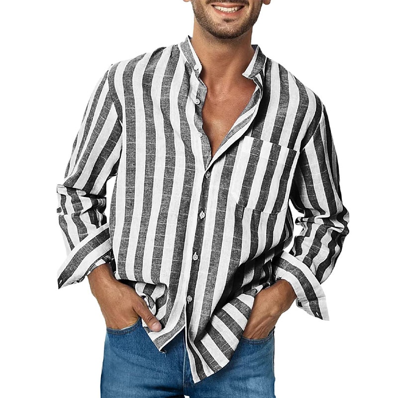 Men's Shirt Summer Shirt Casual Shirt Beach Shirt Button Up Shirt Striped Shirts Black Red Blue Green Gray Long Sleeve Striped Grandad Collar Collar Vacation Daily Print Clothing Apparel Polyester2