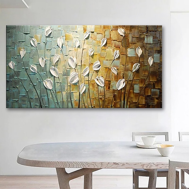 Oil Painting Handmade Hand Painted Wall Art Modern Thick Oil Knife White Flowers Abstract Home Decoration Decor Stretched Frame Ready to Hang3
