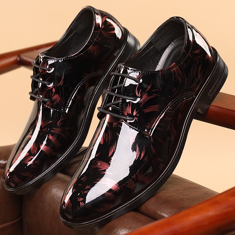 Men's Black Patent Leather Oxford Shoes – Glossy Lace-Up Dress Shoes with Red Feather Pattern for Weddings & Formal Events3
