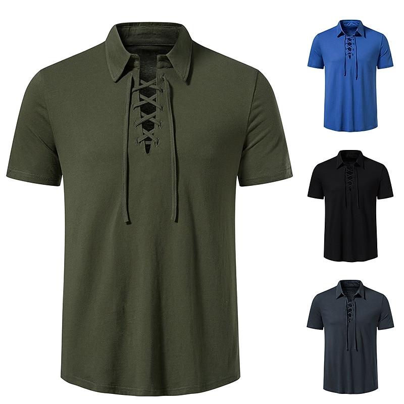 Men's Medieval Viking Polo Shirt T-shirt Traditional Retro Style Lace up Short Sleeve Shirts Hippie Matching4