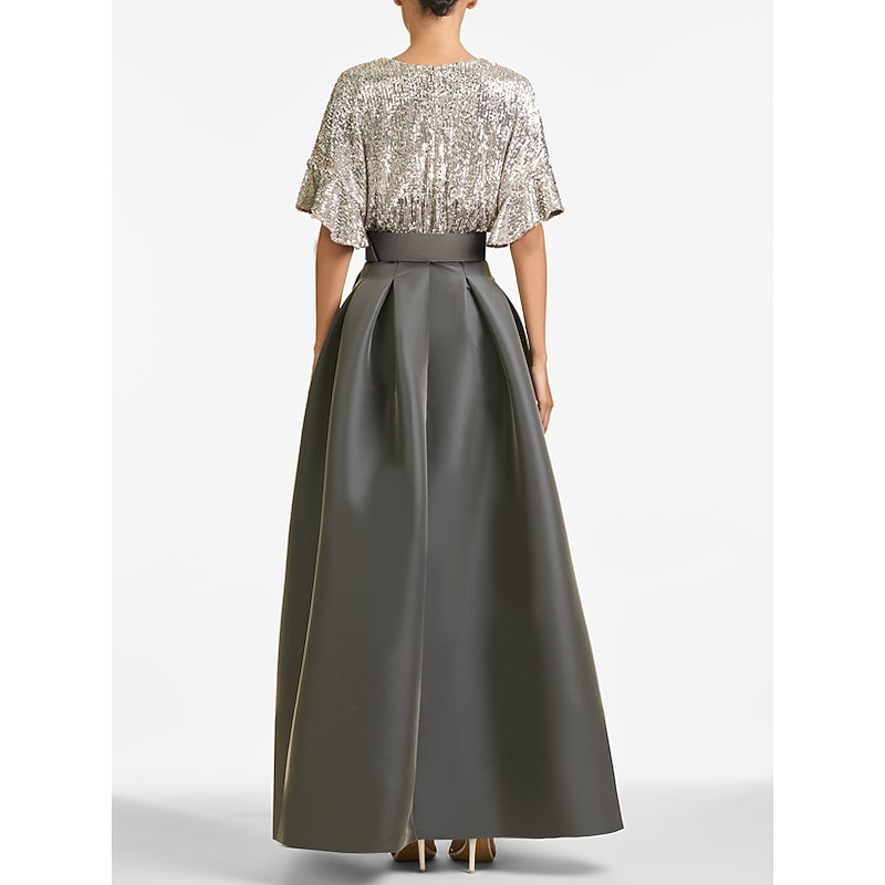 A-Line Evening Gown Elegant Dress Formal Wedding Guest Ankle Length Half Sleeve V Neck Fall Wedding Guest Sequined with Sequin Strappy2