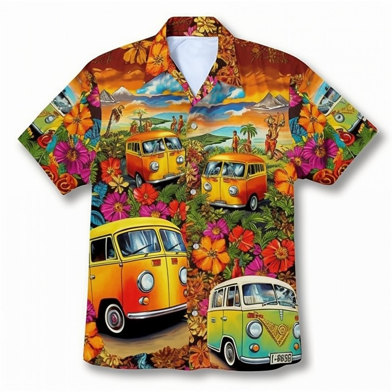 Men's Floral Hippie Bus Shirt Summer Hawaiian Shirt Aloha Shirt Short Sleeves Shirt Turndown Fashion Streetwear Designer Outdoor Street Casual Yellow Navy Blue Blue S M L3