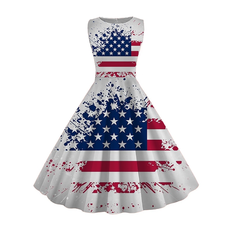 Women's Retro 1950s Vintage Tea Dresses Midi Dress Daily Date Ruched Print American Flag Crew Neck Sleeveless Slim Summer Spring 2023 Black White S M L XL