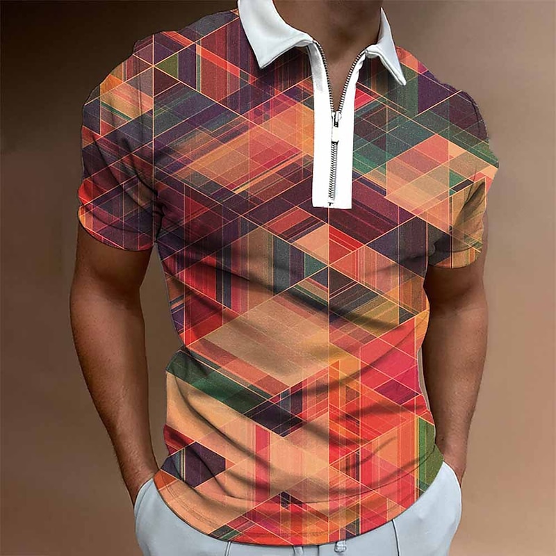 Men's Graphic Zip Polo Shirts Golf Shirt Short Sleeve Polo Shirts Collared Shirts Casual Vacation Wear Rave Wear Party Outfits 3D Print Quarter Zip Polo White Yellow Pink3