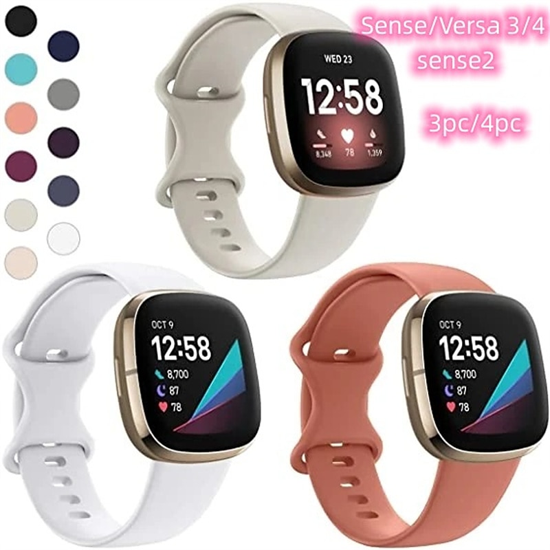4 Pack 3 Pack Smart Watch Band Compatible with Fitbit Versa 4 Sense 2 Versa 3 Sense Soft Silicone Smartwatch Strap Adjustable Women Men Sport Band Replacement  Wristband