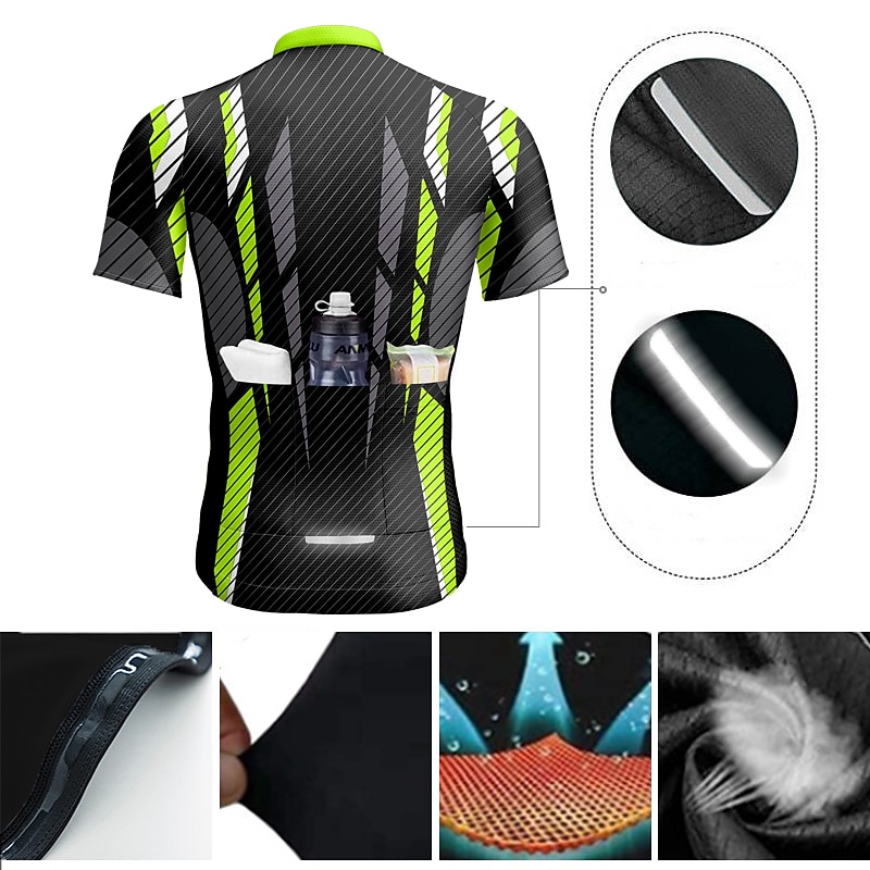 Men's Cycling Jersey Geometic Short Sleeve Bike Jersey Top with 3 Rear Pockets Mountain Bike MTB Road Bike Cycling Quick Dry Reflective Strips Back Pocket Moisture Wicking Sports Blue Dark Green Green3