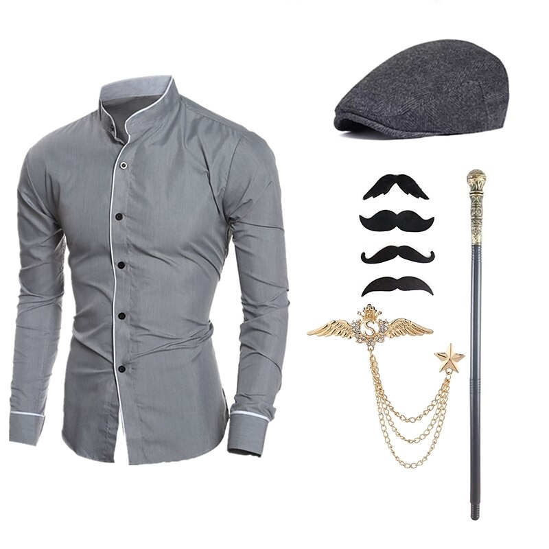 Mens 1920s Gangster Outfit Shirt with Accessories Set 5 Pcs Retro Vintage Roaring 20s Theme Party Cosplay Costume Newsboy Hat Beard Brooch Cane3