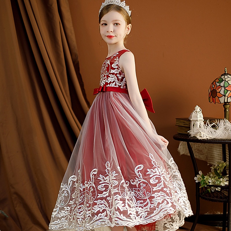 Kids Girls' Dress Flower Sleeveless Wedding Christening dress Princess Polyester Floral Embroidery Dress Flower Girl's Dress Summer 4-13 Years Deep Purple Watermelon Red Bean Paste