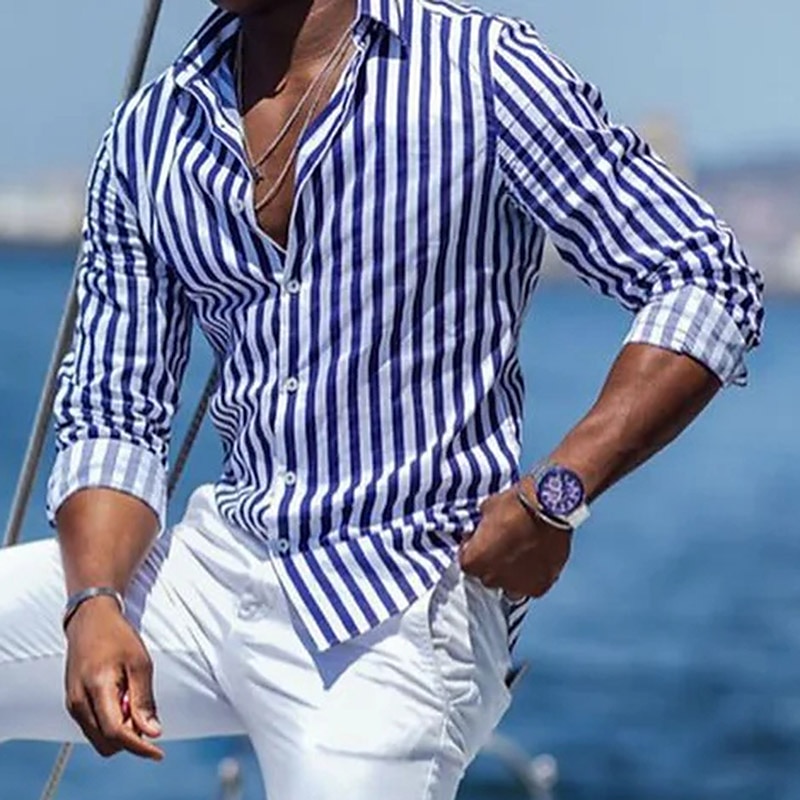Men's Shirt Summer Shirt Beach Shirt Striped Hawaiian Holiday Black Blue Green Long Sleeve Lapel Spring & Summer Clothing Apparel Print2