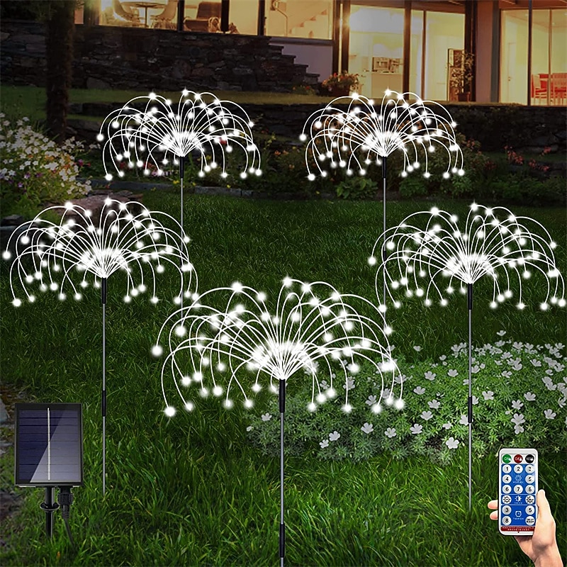 Solar Garden Lights Outdoor Firework Lights 5 Pack 120 LED Solar Lights Decorative Stake with Remote 8 Modes DIY Landscape Light Waterproof Lamps for Walkway Pathway Backyard Lawn3