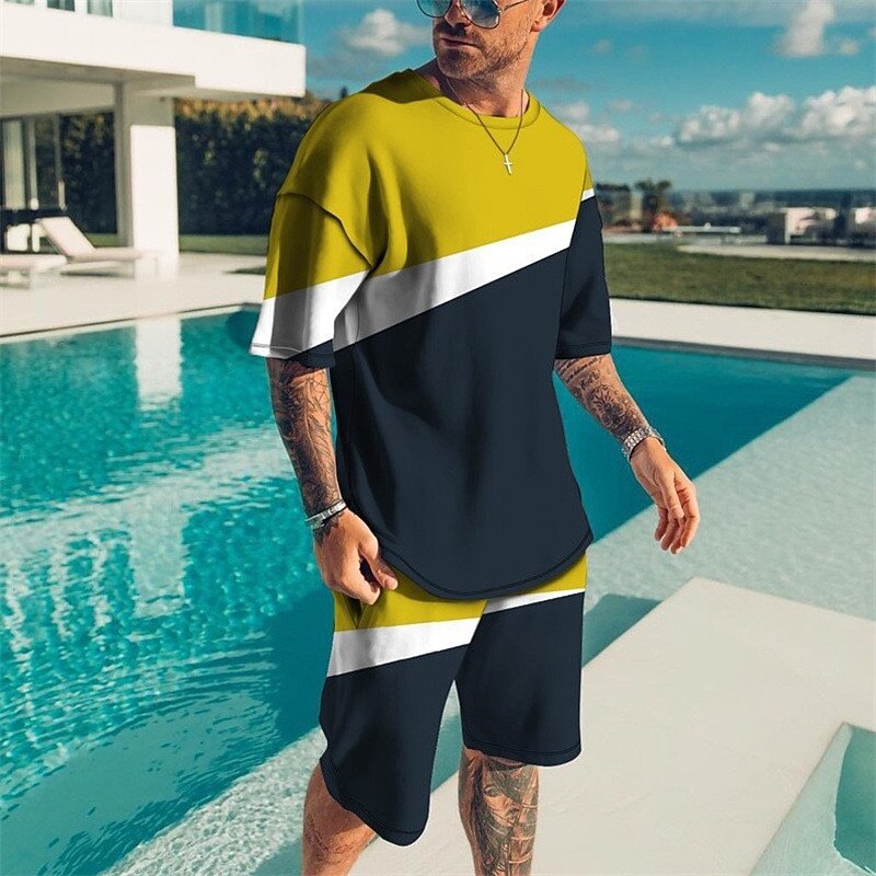 Men's Graphic Color Block 2pcs Tees sets Short Sleeve Short Pants Crew Neck Designer Casual Comfortable Outdoor Vacation Daily 3D Print Spring & Summer Black Yellow Pink2