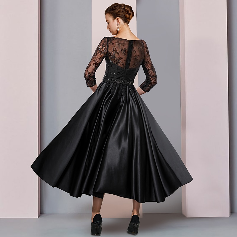 A-Line Mother of the Bride Dress Formal Wedding Guest Elegant Party Scoop Neck Tea Length Satin Lace 3/4 Length Sleeve with Sash / Ribbon Pleats4